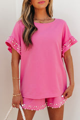Bright Pink Textured Pearled Ruffle Sleeve Top 2 Piece Shorts Set Short Sets JT's Designer Fashion