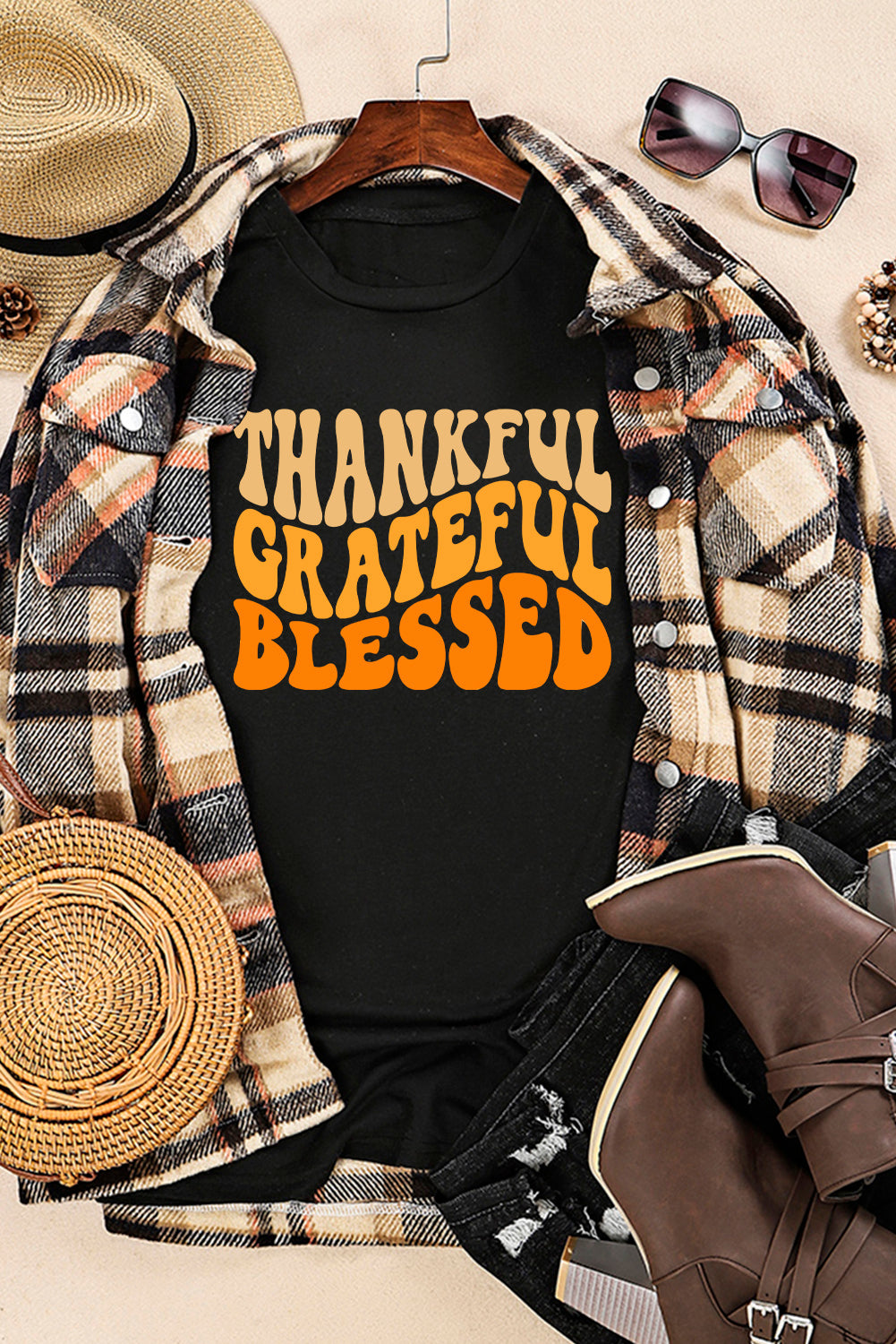Black THANKFUL GRATEFUL BLESSED Crew Neck Graphic Tee Graphic Tees JT's Designer Fashion