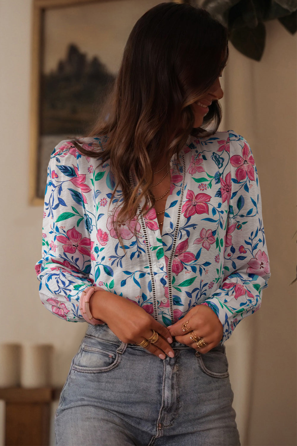 Pink Floral Print Lace Detail Button-up Long Sleeve Shirt Blouses & Shirts JT's Designer Fashion