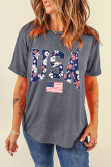 Gray Blooming USA Flag Print Casual T Shirt Graphic Tees JT's Designer Fashion