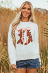 White Embroidered Bow Boots Graphic Drop Shoulder Sweater Sweaters JT's Designer Fashion