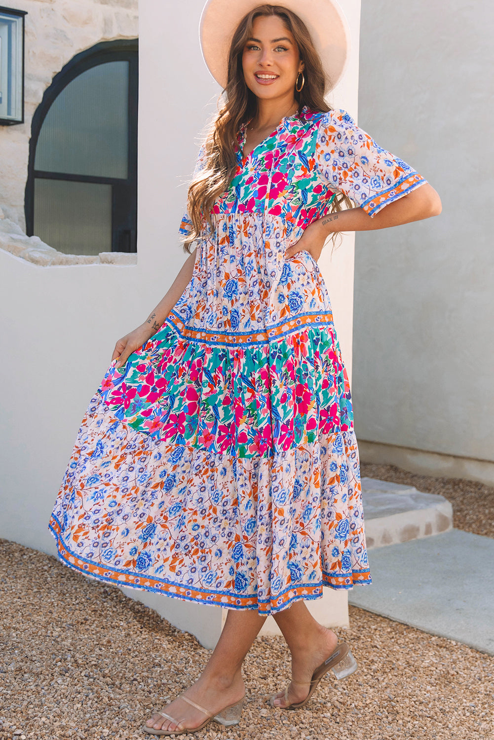 Sky Blue Mixed Floral Print Tie Split Neck Short Sleeve Dress Floral Dresses JT's Designer Fashion