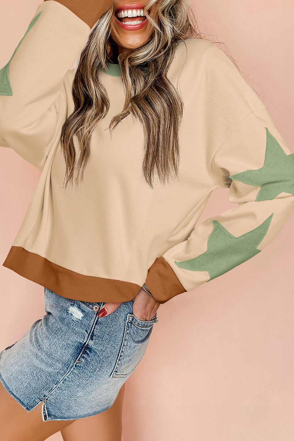Parchment Star Patchwork Exposed Seam Oversized Sweatshirt Sweatshirts & Hoodies JT's Designer Fashion