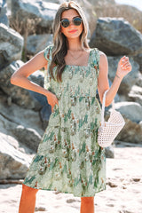 Gray Floral Knotted Strap Smocked Tiered Ruffle Mini Dress Gray 100%Polyester Floral Dresses JT's Designer Fashion