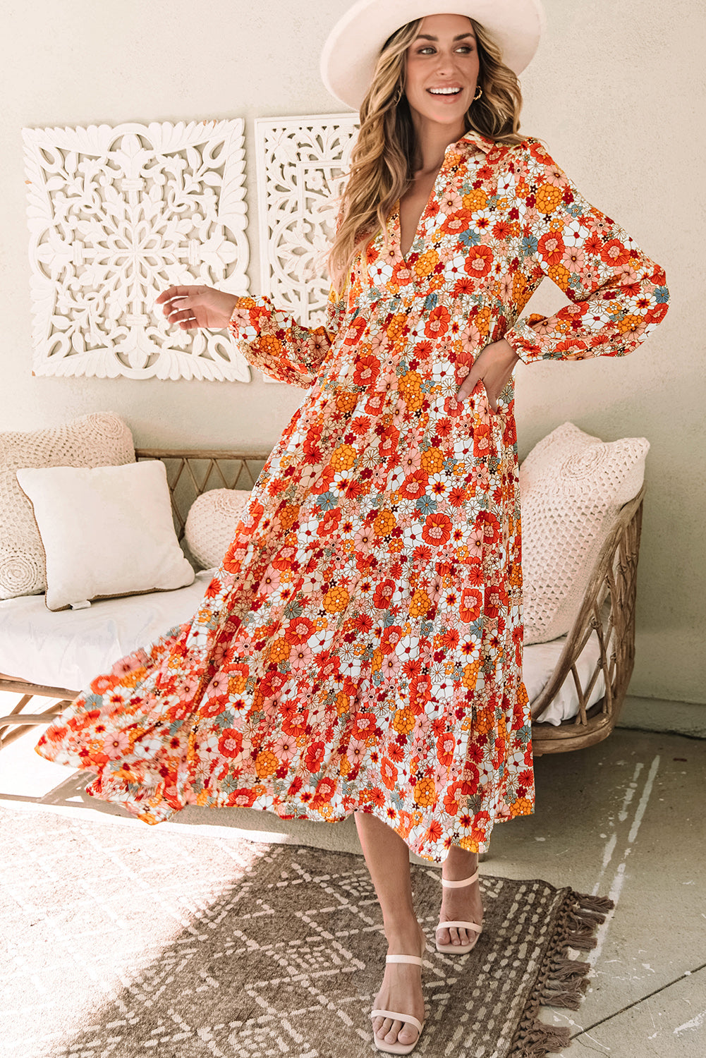 Multicolor Boho Floral Collared Long Sleeve Ruffled Dress Multicolor 100%Polyester Floral Dresses JT's Designer Fashion