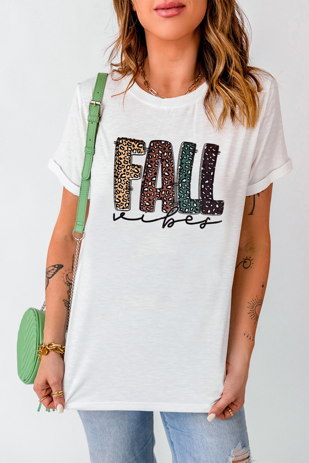 White FALL Vibe Leopard Print Crew Neck T Shirt Graphic Tees JT's Designer Fashion