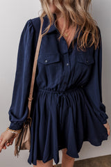 Navy Blue Solid Chest Pockets Tunic Shirt Mini Dress Mini Dresses JT's Designer Fashion