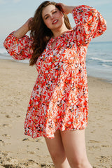 Orange Floral Print Split V Neck Bubble Sleeve Plus Size Midi Dress Plus Size Midi Dresses JT's Designer Fashion