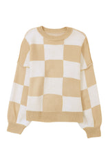 Khaki Checkered Bishop Sleeve Sweater Sweaters & Cardigans JT's Designer Fashion