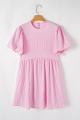 Bonbon Textured Bubble Sleeve High Waist Mini Dress Mini Dresses JT's Designer Fashion