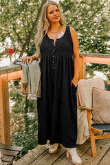 Black Plus Size Sleeveless Button Front Loose Jumpsuit Plus Size Bottoms JT's Designer Fashion