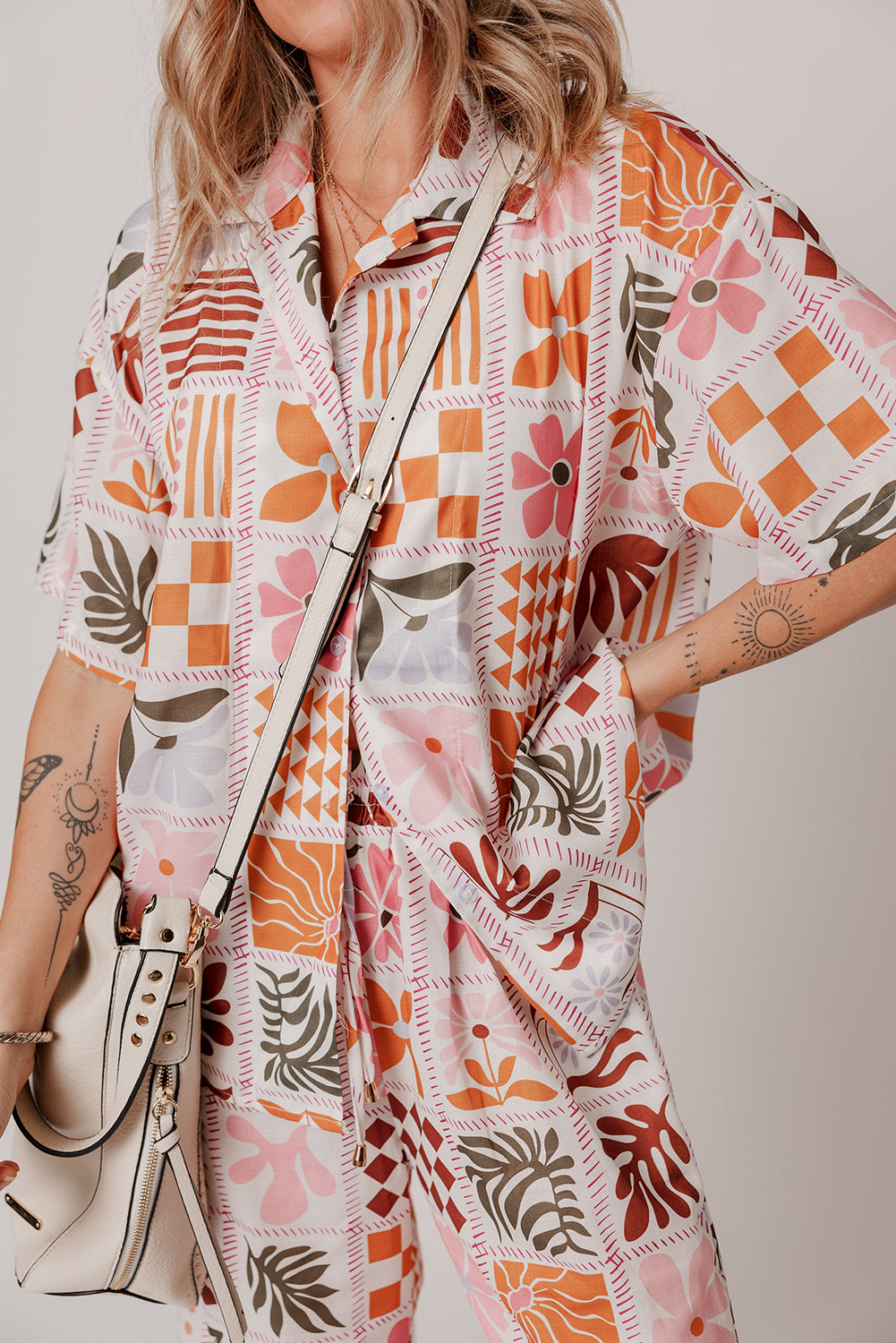 Orange Plant Checkered Print Collared Shirt and Wide Leg Pants Set Pant Sets JT's Designer Fashion