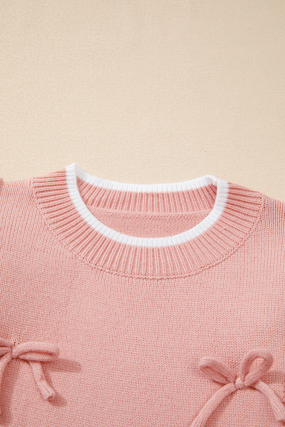 Light Pink Ruffled Bowknot Ribbed Trim Long Sleeve Sweater Sweaters JT's Designer Fashion