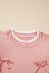 Light Pink Ruffled Bowknot Ribbed Trim Long Sleeve Sweater Sweaters JT's Designer Fashion