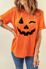 Orange Halloween Pumpkin Face Print Crew Neck T Shirt Graphic Tees JT's Designer Fashion