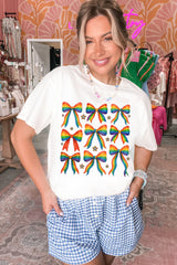 White Pride Bow Starry Print Cotton Blend T Shirt Graphic Tees JT's Designer Fashion