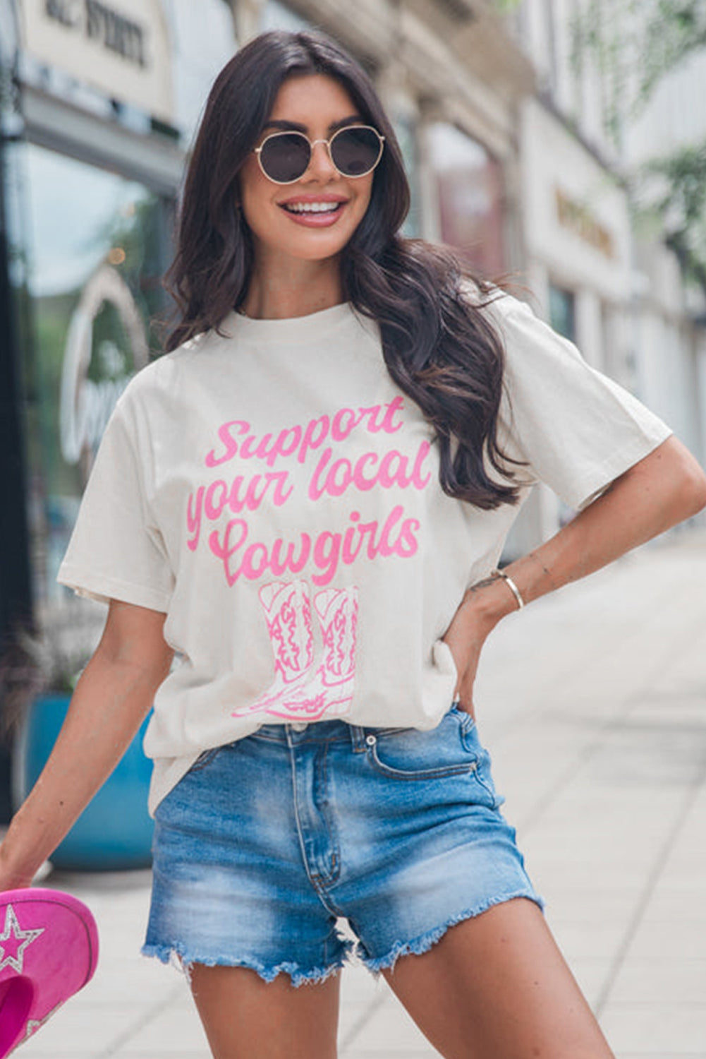 White Support Your Local Cowgirls Boots Print Crewneck Tee Graphic Tees JT's Designer Fashion