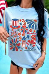 Light Blue America Floral Firework Print 4th of July T Shirt Graphic Tees JT's Designer Fashion
