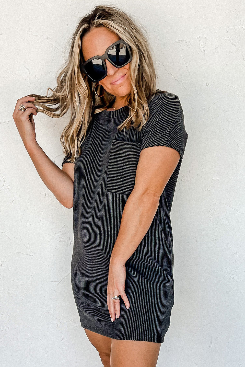 Gray Striped Ribbed Knit T-shirt Shift Dress T Shirt Dresses JT's Designer Fashion