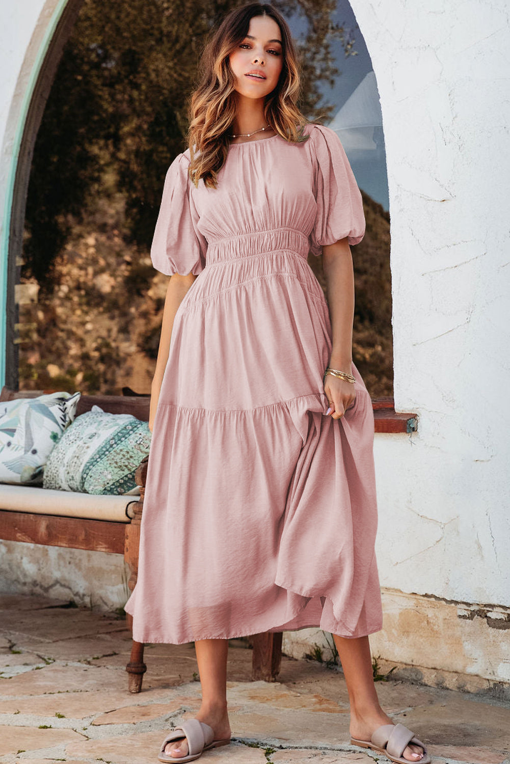 Pink Puff Sleeve Pleated High Waist Flowy Long Dress Maxi Dresses JT's Designer Fashion