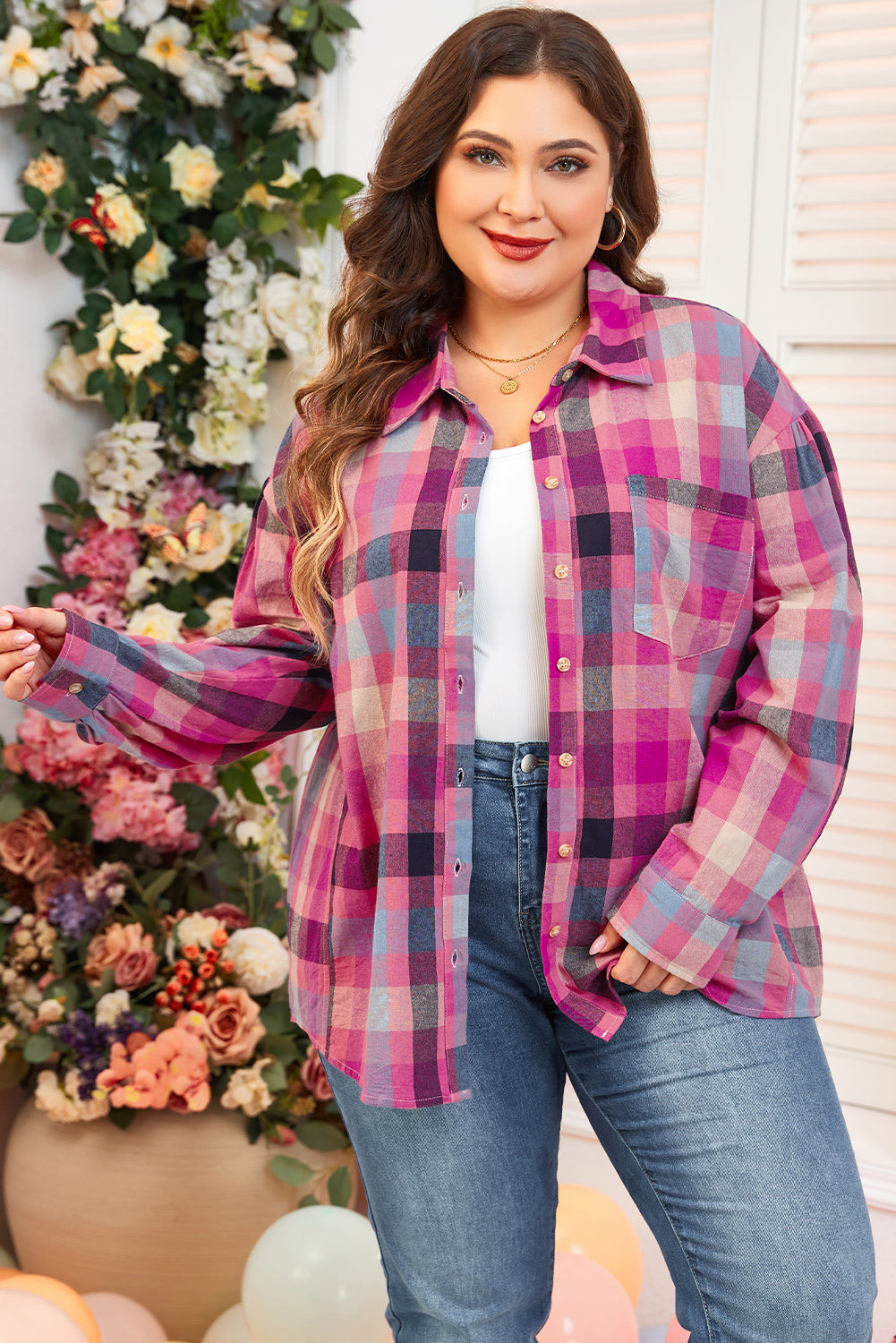 Rose Plus Size Checkered Print Button up Shirt Plus Size Blouses & Shirts JT's Designer Fashion