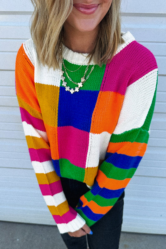 Orange Checkered Color Block Round Neck Loose Sweater Orange 55%Acrylic+45%Cotton Sweaters JT's Designer Fashion