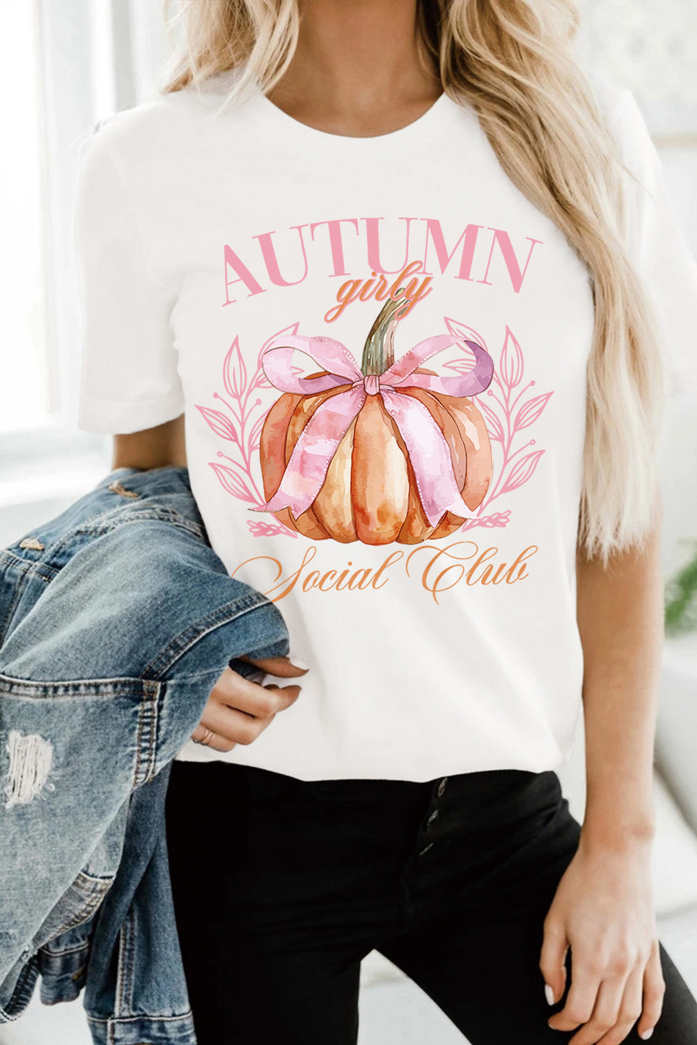 White Autumn Girly Thanksgiving Bowknot Pumpkin Graphic T Shirt Graphic Tees JT's Designer Fashion