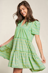 Green Stripe V Neck Short Sleeve Frilled Detail A-line Dress Dresses JT's Designer Fashion