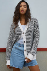 Black Stripe Buttoned Front V Neck Herringbone Cardigan Cardigans JT's Designer Fashion