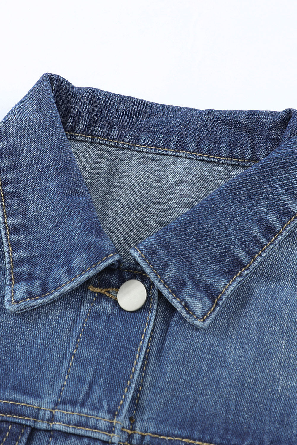 Blue Lapel Distressed Raw Hem Buttons Denim Jacket Denim Jackets JT's Designer Fashion