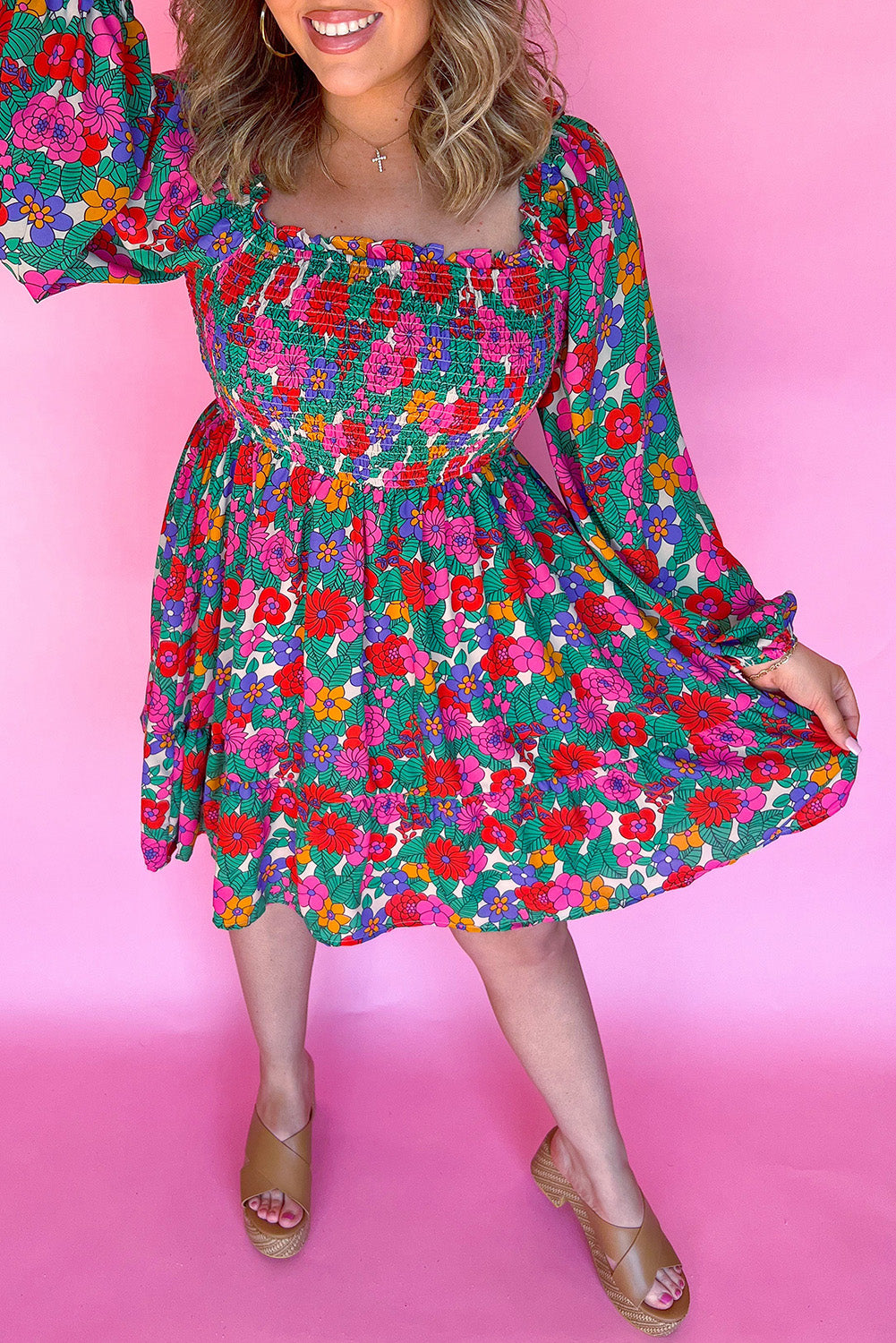 White Plus Size Floral Frilled Square Neck Shirred Long Sleeve Dress White 100%Polyester Plus Size Mini Dresses JT's Designer Fashion
