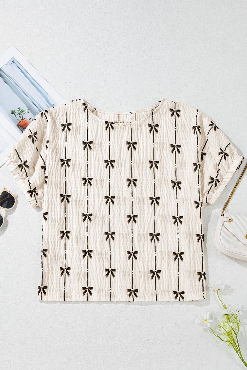 Beige Bow Print Puff Short Sleeve Top Blouses & Shirts JT's Designer Fashion