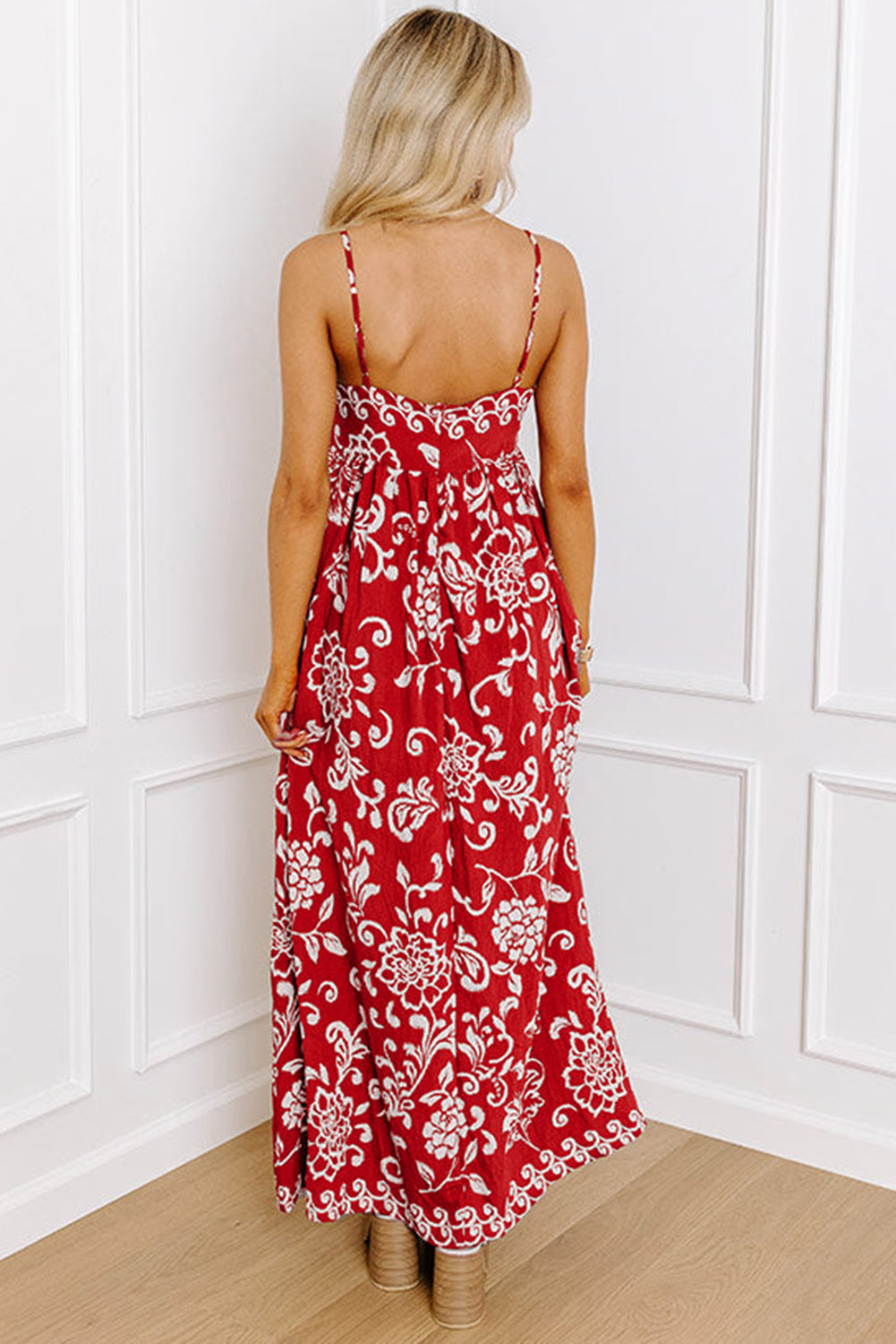 Red Floral Printed Spaghetti Strap Empire Waist Maxi Dress Floral Dresses JT's Designer Fashion