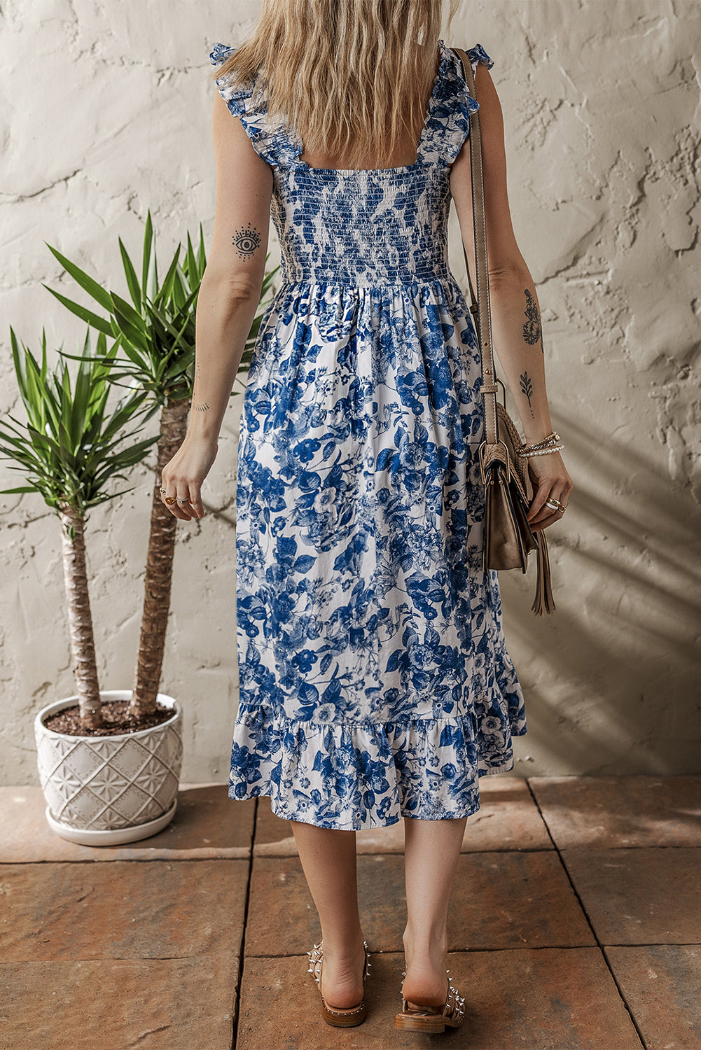 Blue Floral Ruffle Strap Square Neck Smocked Bodice Midi Dress Floral Dresses JT's Designer Fashion