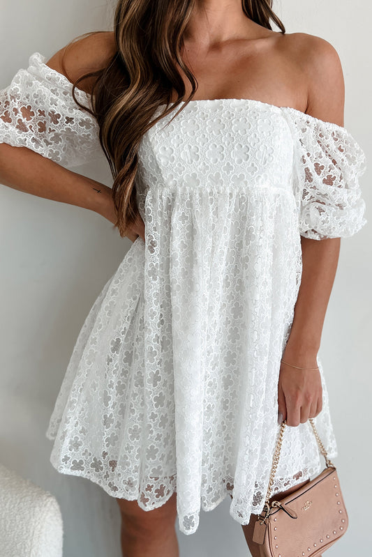 White Floral Lace Puff Sleeve Empire Waist Mini Dress Mini Dresses JT's Designer Fashion