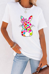 White Polka Dot Bow Rabbit Graphic Crewneck Easter Fashion Tee Graphic Tees JT's Designer Fashion