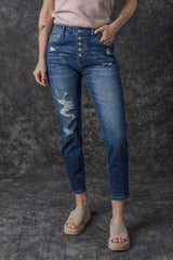 Blue Distressed Button Fly High Waist Skinny Jeans Jeans JT's Designer Fashion