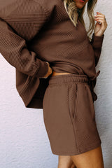 Brown Textured Long Sleeve Top and Drawstring Shorts Set Short Sets JT's Designer Fashion