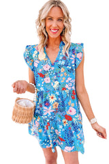 Sky Blue Floral Flutter Sleeve V Neck Ruffled Dress Floral Dresses JT's Designer Fashion