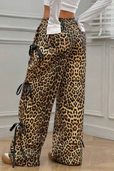 Brown Leopard Print Bow Tie Drawstring Elastic Waist Loose High Waist Pants Pants & Culotte JT's Designer Fashion