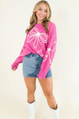 Bright Pink Corded Flower Bow Ribbed Trim Casual Sweater Sweaters JT's Designer Fashion