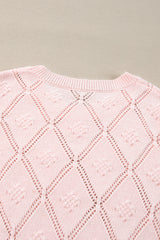 Gossamer Pink Openwork Plaid Puff Sleeve Cropped Sweater Sweaters JT's Designer Fashion