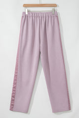 Orchid Petal Drawstring Waist Satin Stripe Patch Straight Leg High Waist Pants Pants & Culotte JT's Designer Fashion