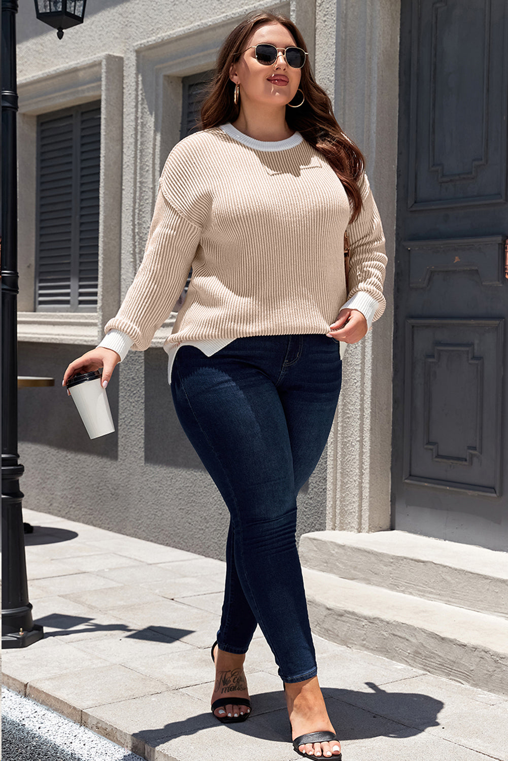 Brown Stripe Plus Size Contrast Trim Crew Neck Rib Knit Drop Shoulder Sweater Plus Size Sweaters & Cardigans JT's Designer Fashion