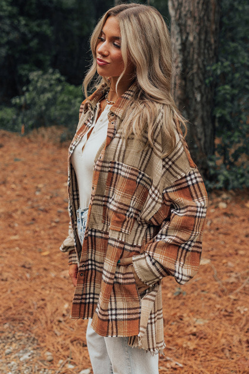 Khaki Plaid Colorblock Patchwork High Low Shacket Plaid Shackets JT's Designer Fashion