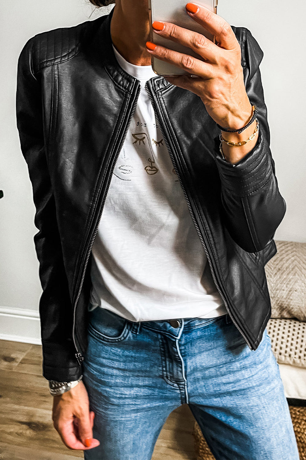Black Solid Faux Leather Zipper Slim Fit Bomber Jacket Jackets JT's Designer Fashion