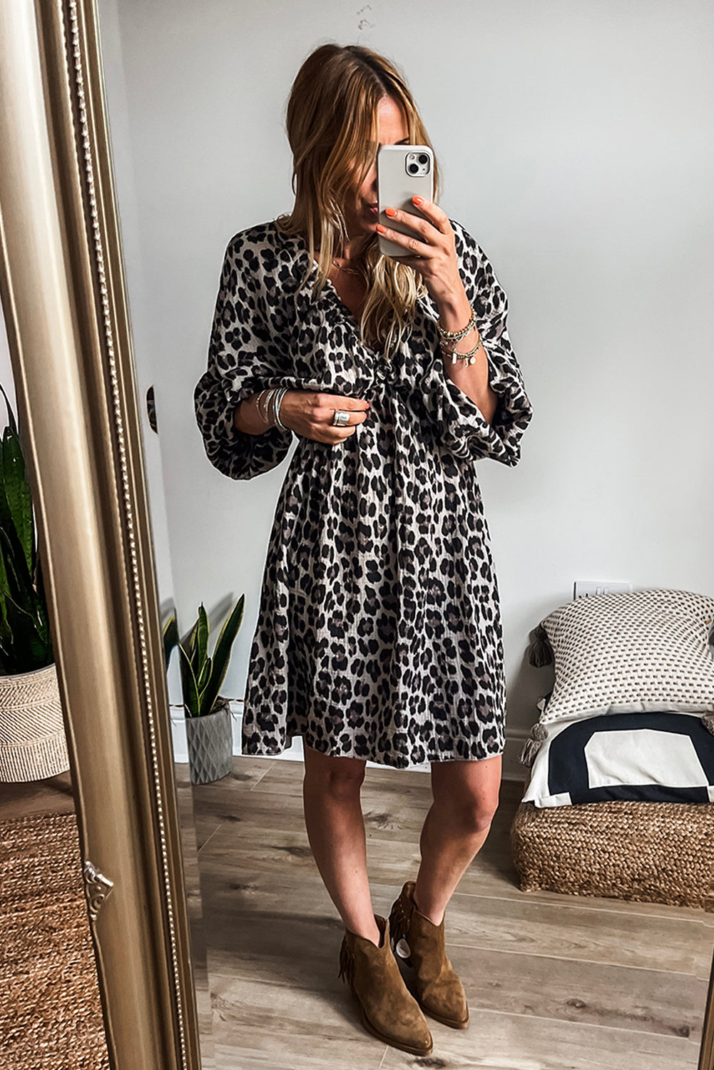 Black Leopard Print Elasticated V Neck 3/4 Puff Sleeve Dress Mini Dresses JT's Designer Fashion