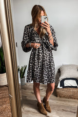 Black Leopard Print Elasticated V Neck 3/4 Puff Sleeve Dress Mini Dresses JT's Designer Fashion