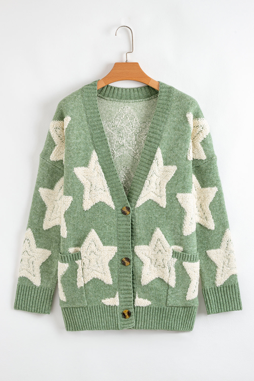Green Sherpa Star Pattern Textured Sweater Cardigan with Pockets Cardigans JT's Designer Fashion