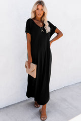 Black V Neck Hidden Pocket Splits Maxi T-shirt Dress T Shirt Dresses JT's Designer Fashion